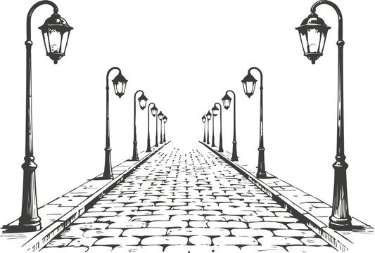 Vintage street lamps lining a cobblestone pathway disappearing into the distance