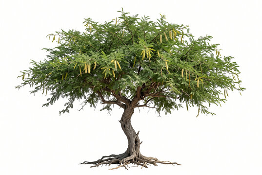 Ultra-realistic mature Ghaf Tree (Prosopis cineraria), iconic Arabian desert tree with broad umbrella-shaped crown, twisted gray-brown trunk, fine feathery green compound leaves, slender thorns,
