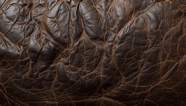 Close-up of tough dark chocolate and espresso brown buffalo hide. Deep organic wrinkles, heavy creases, and low-gloss tactile finish emphasized by strong side lighting