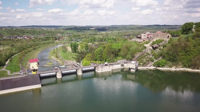 Lake Dobczyce. Water dam, view from the drone.