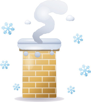 Christmas chimney icon, winter brick chimney with rising smoke and snowflakes vector illustration