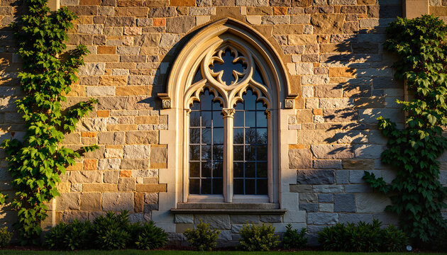 Ornate gothic arch window on historic stone wall, Dark Academia aesthetic