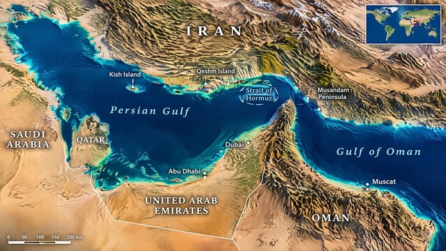 Detailed political map of the Persian Gulf and Strait of Hormuz showing Iran, UAE, Oman, and Saudi Arabia