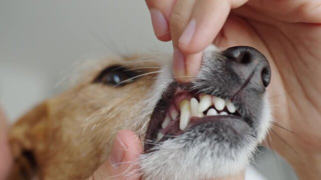 Checking dog teeth for plaque and tartar