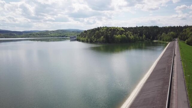 Lake Dobczyce. Water dam, view from the drone.