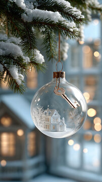 Christmas ornament featuring a miniature snow-covered house inside a glass ball, symbolizing home ownership dreams and festive real estate goals, hanging from a snowy fir tree branch