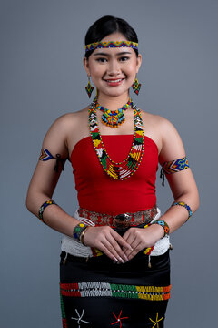 Portrait of young girl wearing a traditional cloth Simba Murut Tahol native of Sabah Borneo