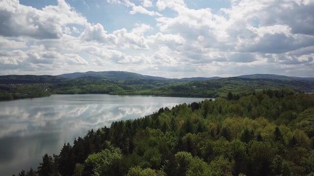 Shore of water reservoir with forest under blue sky at sunny summer day. Aerial view.