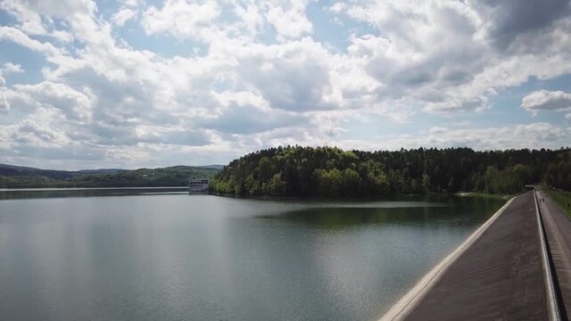 Lake Dobczyce. Water dam, view from the drone.