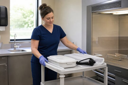 Endoscope reprocessing department - a technician staging a clean transport cart in a clinic