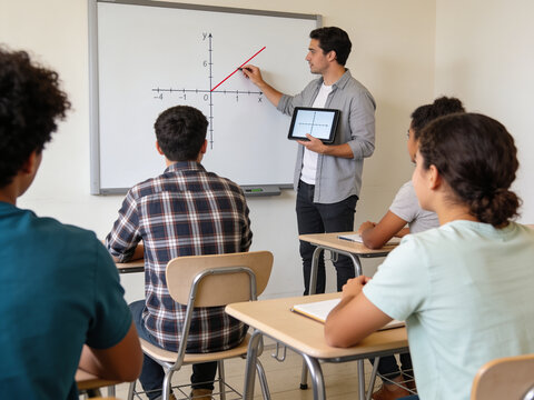 Math Teacher Demonstrating a Linear Function Graph to Diverse Students in Classroom