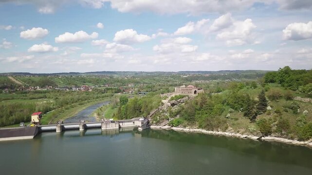 Lake Dobczyce. Water dam, view from the drone.