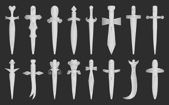 Fantasy metallic Medieval swords, big icon set on dark background. Monochrome glossy steel vector signs of RPG weapon symbols, iron swords for UI, UX, mobile apps, web, game interfaces, etc.