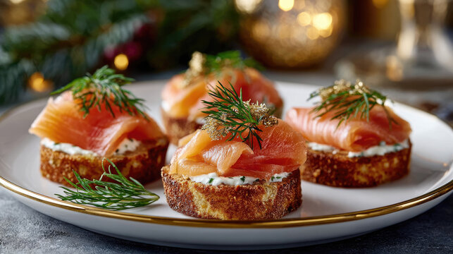 Smoked salmon canap&eacute;s creating an elegant appetizer. Perfectly presenting delicate fish on a base of cream cheese. Garnished with fresh dill and edible gold flakes for a luxurious holiday celebration