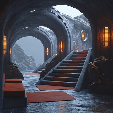 Advanced architectural cavern with reinforced structural arches and integrated orange ambient lighting