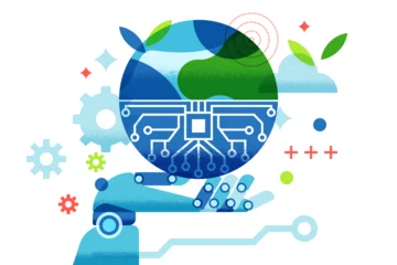 Vector abstract flat geometric concept of robot hand holding Earth globe with circuit board. Creative illustration for artificial intelligence technology, global network and green ecology ideasVector  © Qualit Design