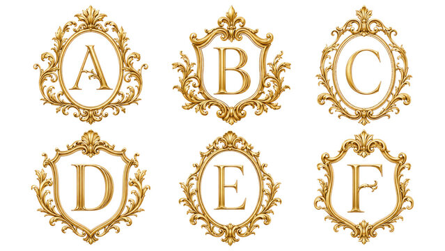 Six ornate gold monogram shields featuring letters A to F in decorative baroque frames