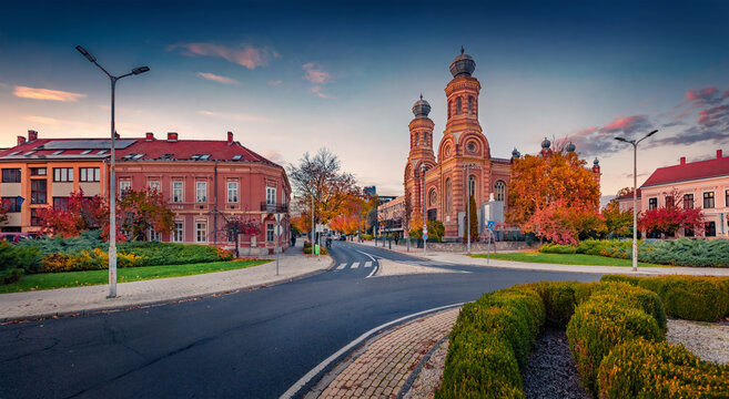 Panoramic evening view of Synagogue, today Bartok concert hall. Amazing autumn cityscape of Szombathely town, Hungary, Europe.  Traveling concept background.