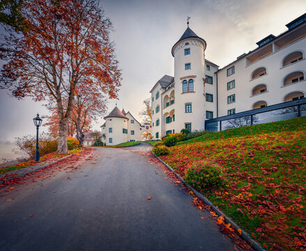 Captivating morning view of Pichlarn Castle, situated on an elevation in the Ennstal valley in Styria. Spectacular autumn cityscape of Pichlarn resort, Austria.