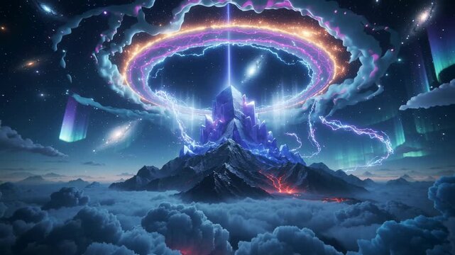 Magical Mountain Landscape Under Colorful Cosmic Sky