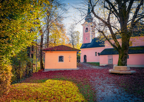 Exciting evening view of Parish and pilgrimage church of St. James the Elder with Loreto Chapel,  Katastralgemeinde Thurnberg, Austria, Europe. Nice autumn scene of austrian countryside.