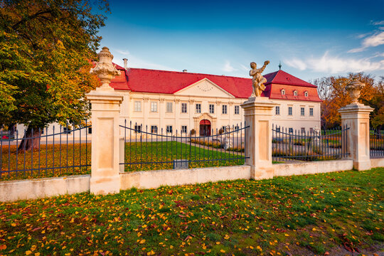 Wonderful autumn view of Castle Marchegg. Stunning morning cityscape of Marchegg town, district of Ganserndorf in the Austrian state of Lower Austria, Europe. Traveling concept background.