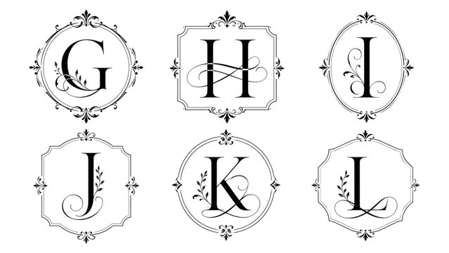 Six elegant black-and-white monograms featuring letters G, H, I, J, K, L in ornate decorative frames