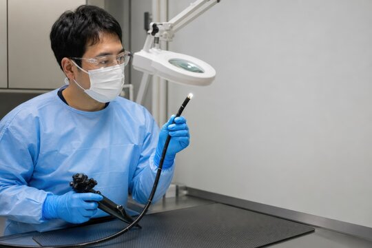 Endoscope reprocessing department - a technician inspecting a cleaned distal tip