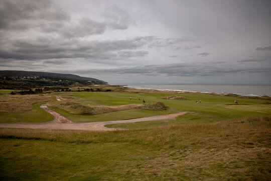 Inverness, Canada - September 18, 2026: Coastal fairways at Cabot Links descend toward the Gulf of St. Lawrence and rocky Cape Breton shoreline.