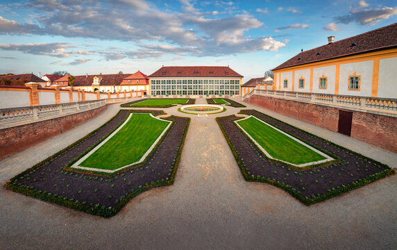 Perfect summer view of Hof castle garden. Marvelous morning scene of Schloshof park, Austria, Europe. Traveling concept background.