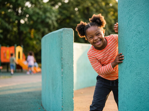 Black girl with Down syndrome laughing while playing hide-and-seek around a turquoise playground wall, joyful child enjoying an inclusive outdoor recreation space, childhood development, disability aw