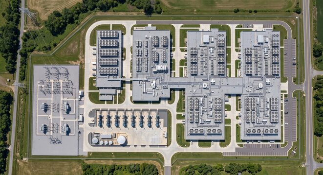 Aerial view modern data center campus with cooling systems and infrastructure aerial photograph