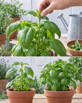 Pinching basil growing tips with a comparison of potted plants