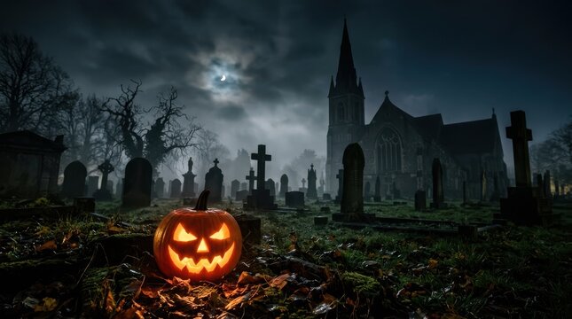 Glowing halloween pumpkin in a dark spooky graveyard