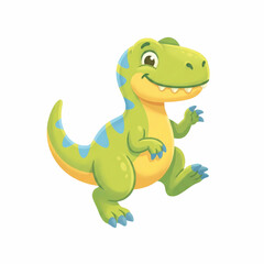 Obraz premium Cute green and yellow T-Rex baby dinosaur running and smiling cartoon illustration isolated on white background. Great for kids design