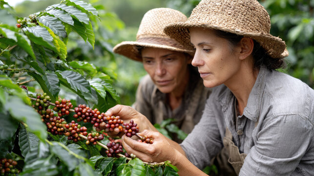 Women farmers are carefully picking ripe red coffee cherries from lush green coffee plants, ensuring quality and sustainable practices on a vibrant coffee plantation