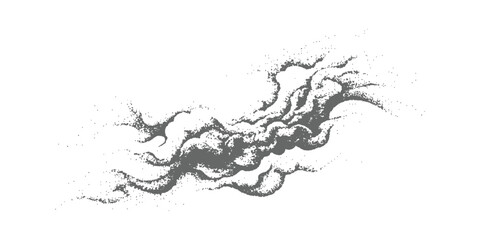 Obraz premium Vintage stippled cloud smoke swirl with detailed engraved dot texture for sky design vector illustration.