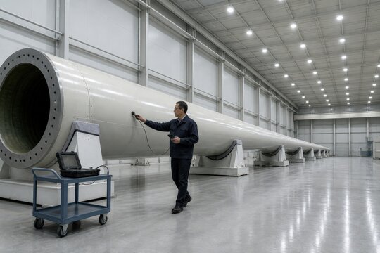 Wind turbine lightning protection inspection - an engineer following a conductor route beside a blade
