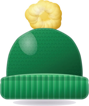Green winter hat, knitted festive christmas beanie with yellow pompom vector illustration