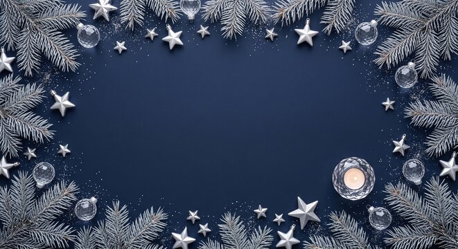 Winter Corporate Holiday Border with Silver Pine Branches on Deep Blue Background