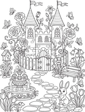 Vector illustration of enchanting fairy tale castle coloring page for kindergarten book with whimsical garden, cute bunny, roses, butterflies, fountain, and stone path