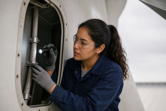 Wind turbine lightning protection inspection - an energy technician inspecting an internal blade conductor