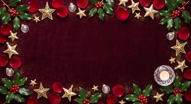 Festive Deep Red Corporate Backdrop with Red Rose Petals and Gold Stars