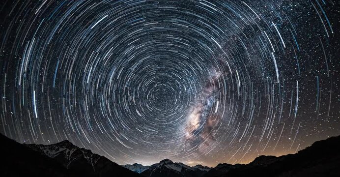 Star Trails Over Snowy Mountains: A Mesmerizing Night Sky Panorama