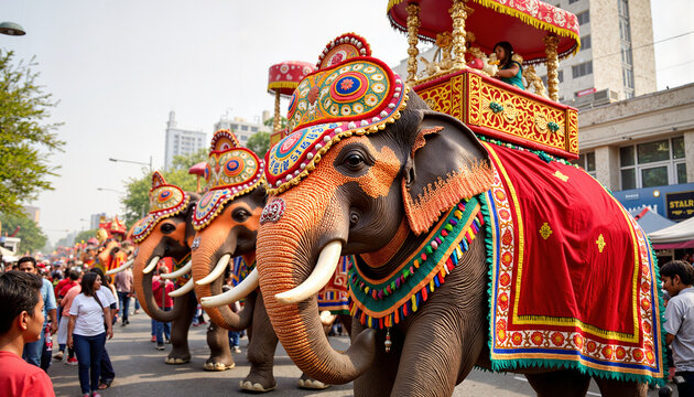 Magnificent decorated elephants parading down city street, cultural celebration