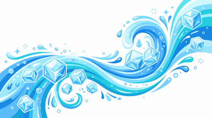 Naklejka premium Cool Water Wave with Ice Cubes: An artistic representation of refreshing blue waves splashing with dynamic movement, interspersed with sparkling ice cubes.