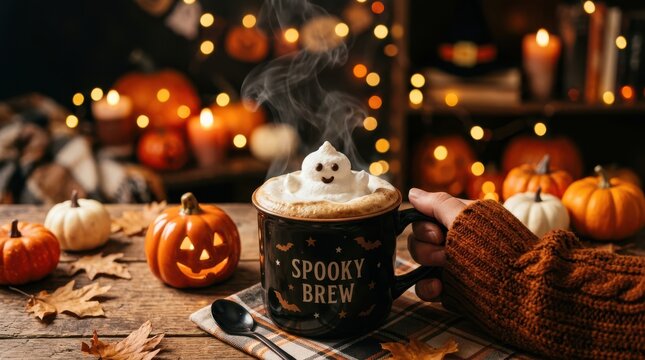 Hot coffee mug with ghost marshmallow for halloween party