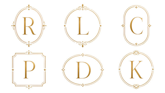 Elegant gold monogram initials R L C P D K set inside six decorative vintage ornamental frames on a transparent background