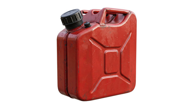 A red metal fuel jerrycan container used for storing gasoline or diesel fuel displayed as an isolated object on a transparent background isolated on transparent background