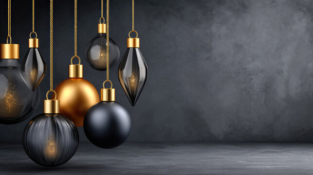 Christmas ornaments hanging and resting on a dark surface, showcasing a luxurious and modern design with a sophisticated color palette of black, gold, and clear glass for holiday celebration